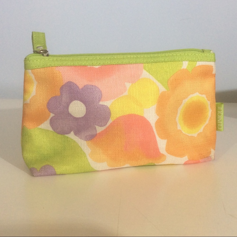 Clinique Pink Green Flower Floral Zip Bag Cosmetic